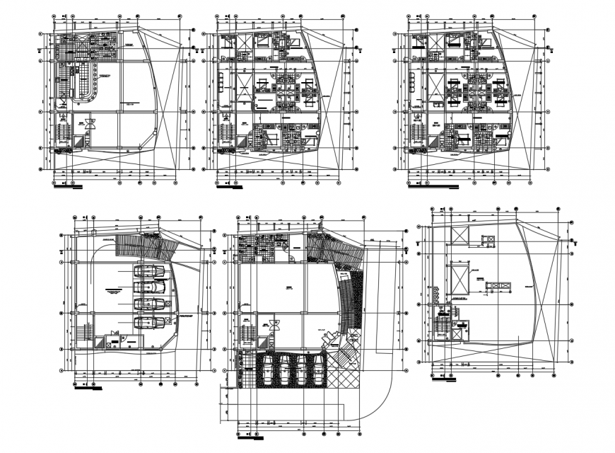 Six floor distribution layout plan details of residential apartment building dwg file