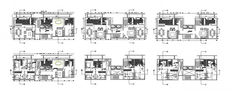 Six floor distribution plan drawing details for apartment building dwg file