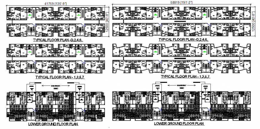 Six flooring housing apartment building all floors layout plan details dwg file