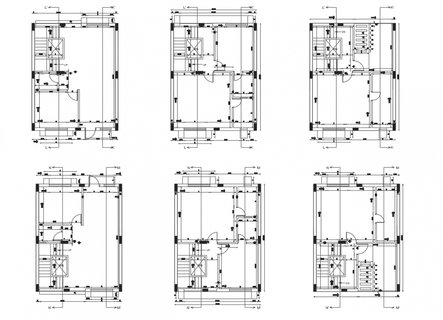 Six floors distribution plan details of residential building dwg file