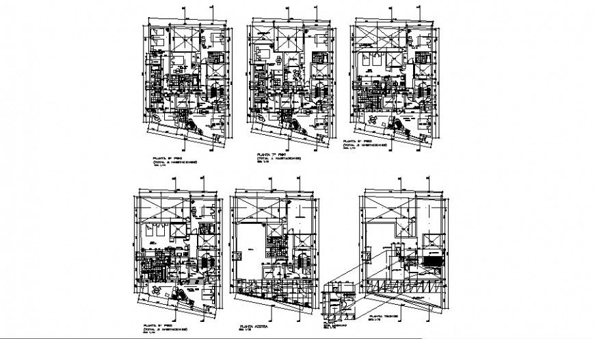 Six floors distribution plan details of three star hotel building auto-cad dwg file
