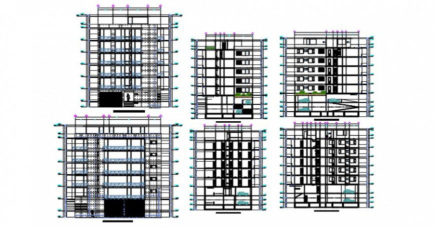 Six level corporate office building elevations and sections drawing details dwg file