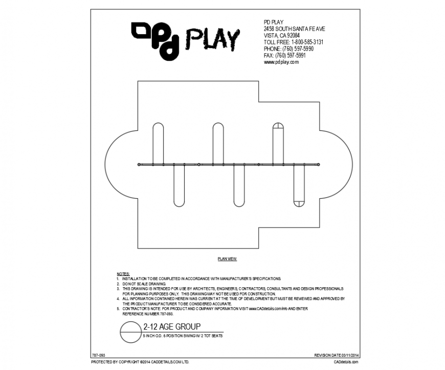 Six position swings tot seats play equipment details of garden dwg file