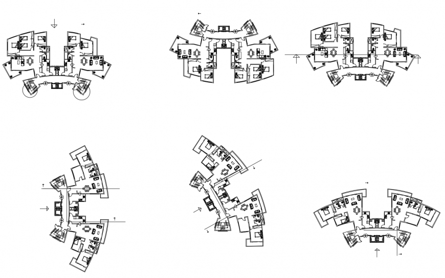 Six story apartment residential building floor plan distribution details dwg file