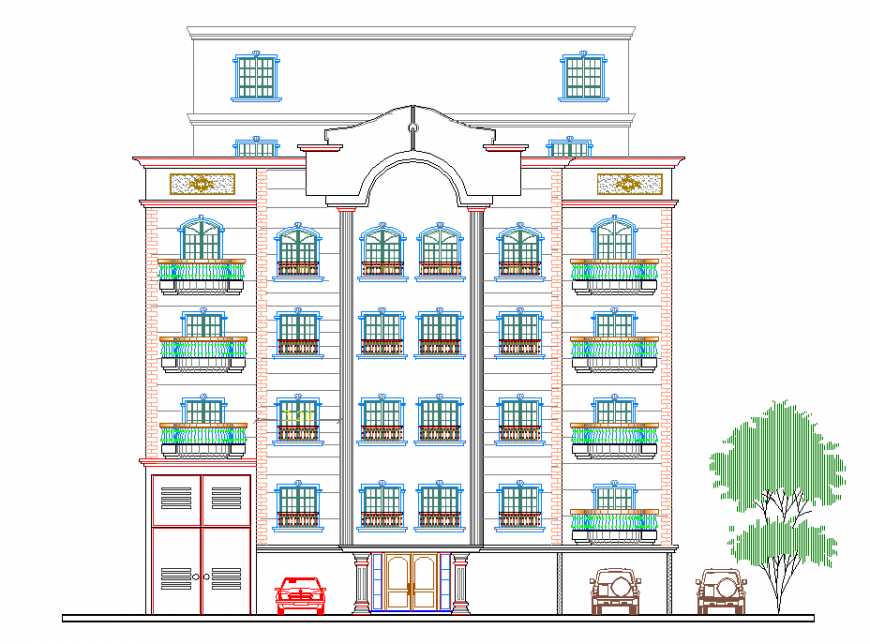 Six story apartment residential building main elevation drawing details dwg file