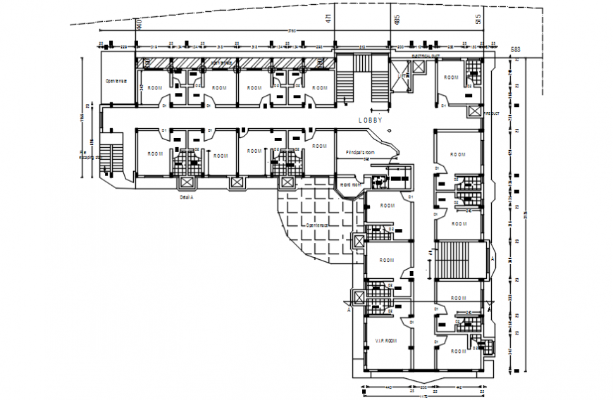 Sixth floor distribution plan details of general hospital dwg file