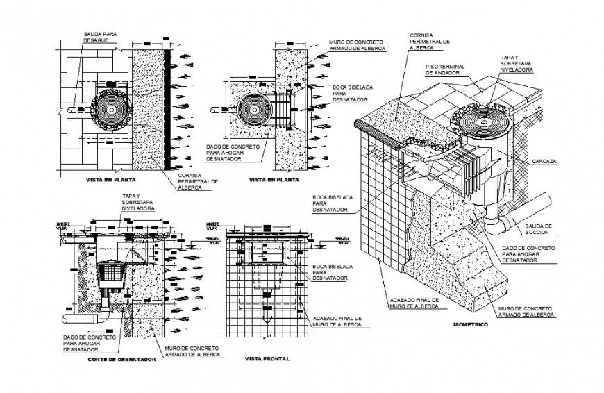 Skimmer machine plan, section and plumbing structure cad drawing details dwg file