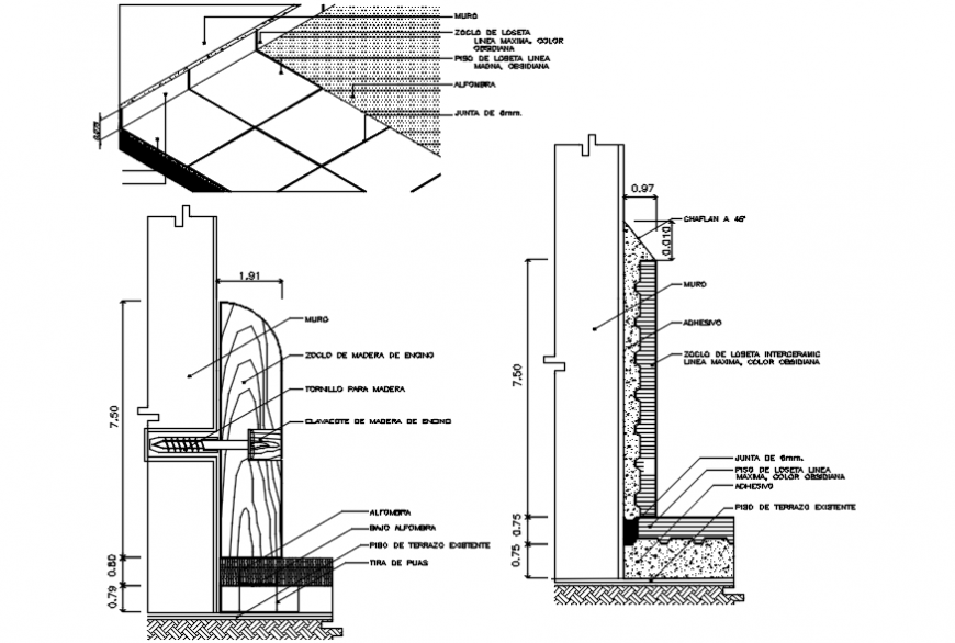 Skirting place and wall construction cad drawing details dwg file