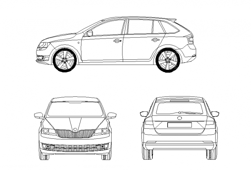 Skoda rapid car all sided elevation cad bloc details dwg file