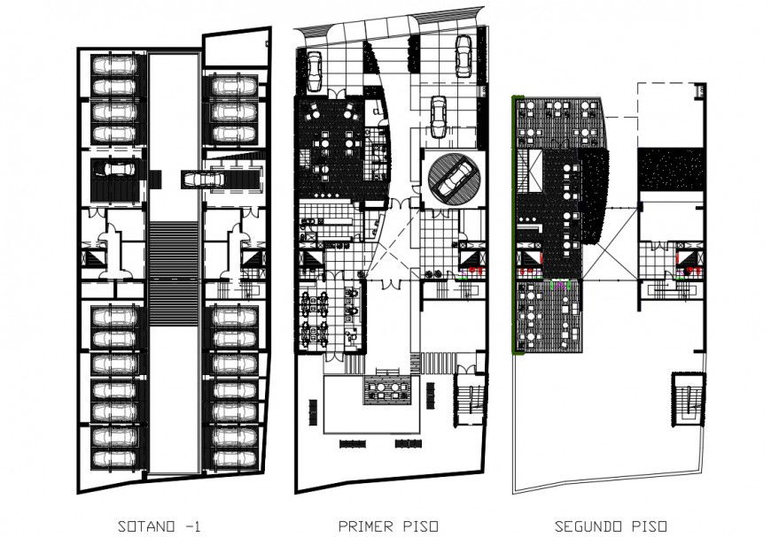 Sky condos office building ground, first and second floor plan details dwg file