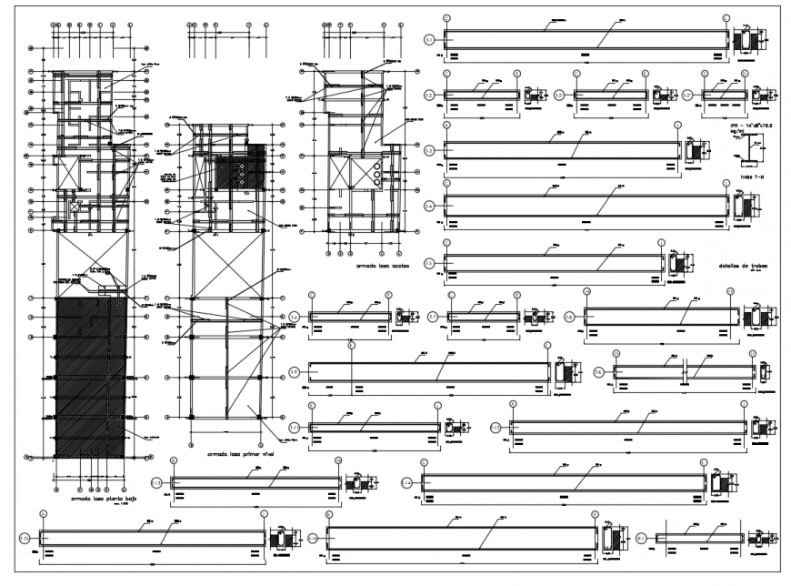 Slab and beam reinforcement plan,side view and section view dwg file
