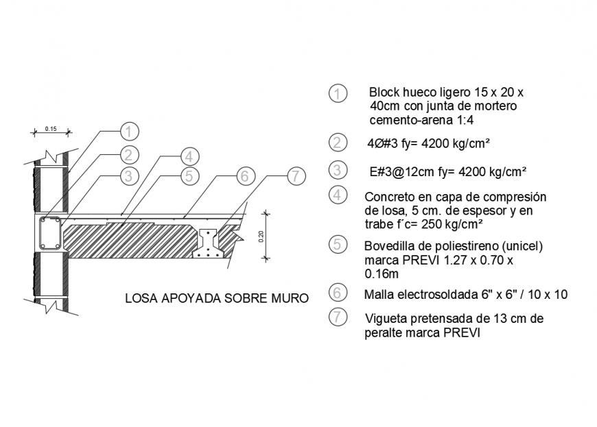 Slab supported of wall with slab light structure details dwg file