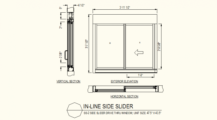 Slider window detail elevation and section detail dwg file