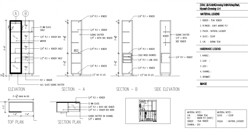 DWG file of sliding wardrobe showing top plan, elevation, and sections