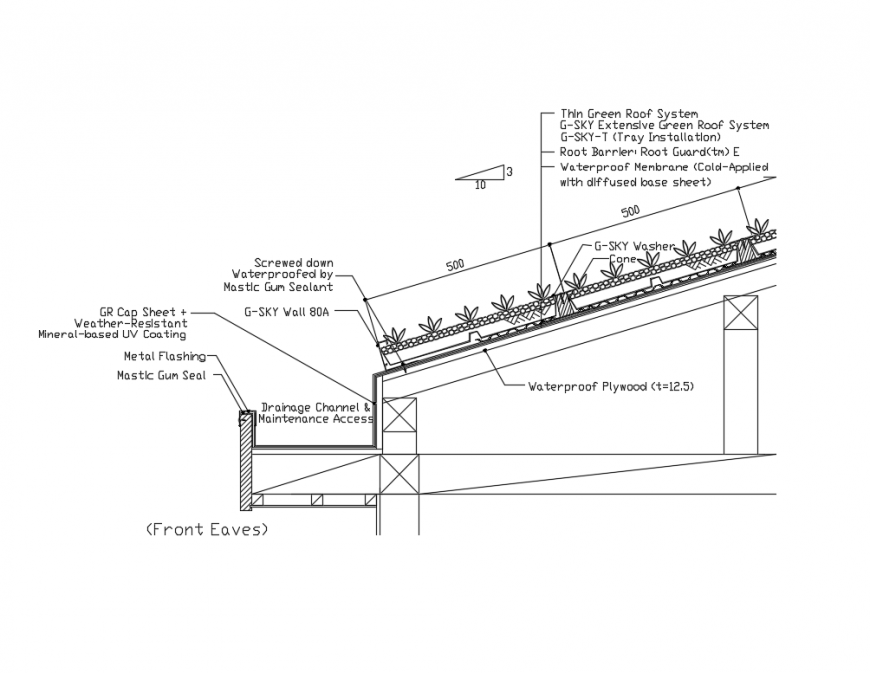 Slope of the green roof drainage details of the front eaves plumbing constructive dwg file