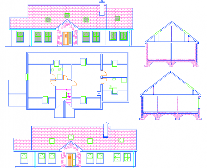 Sloping roof bungalow drawing in dwg file.