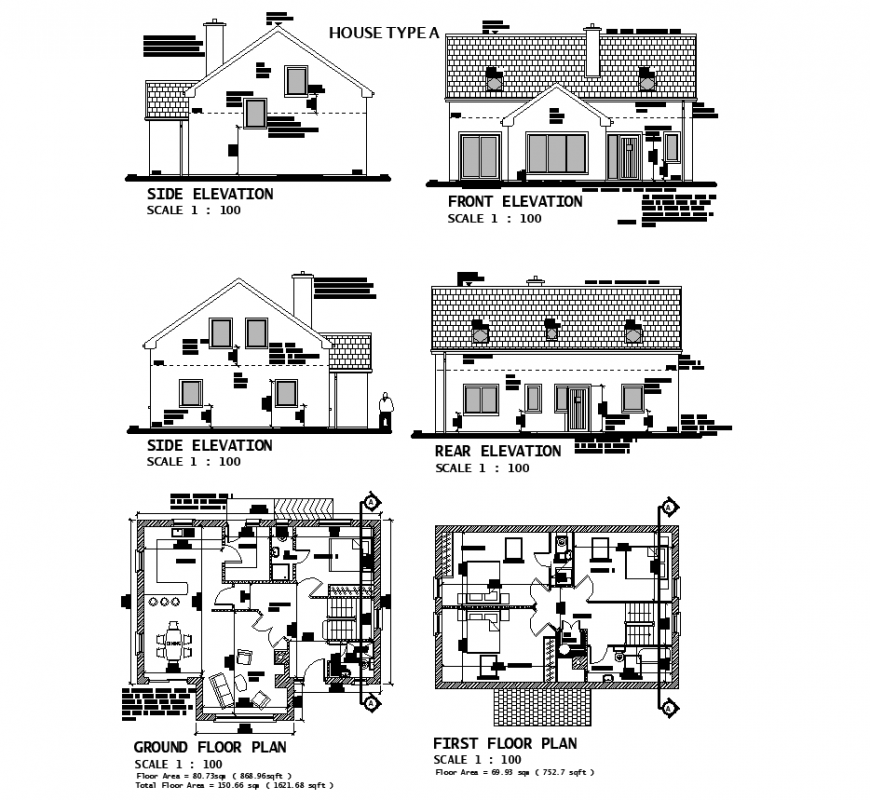 Sloping roof bungalow working drawing in dwg file