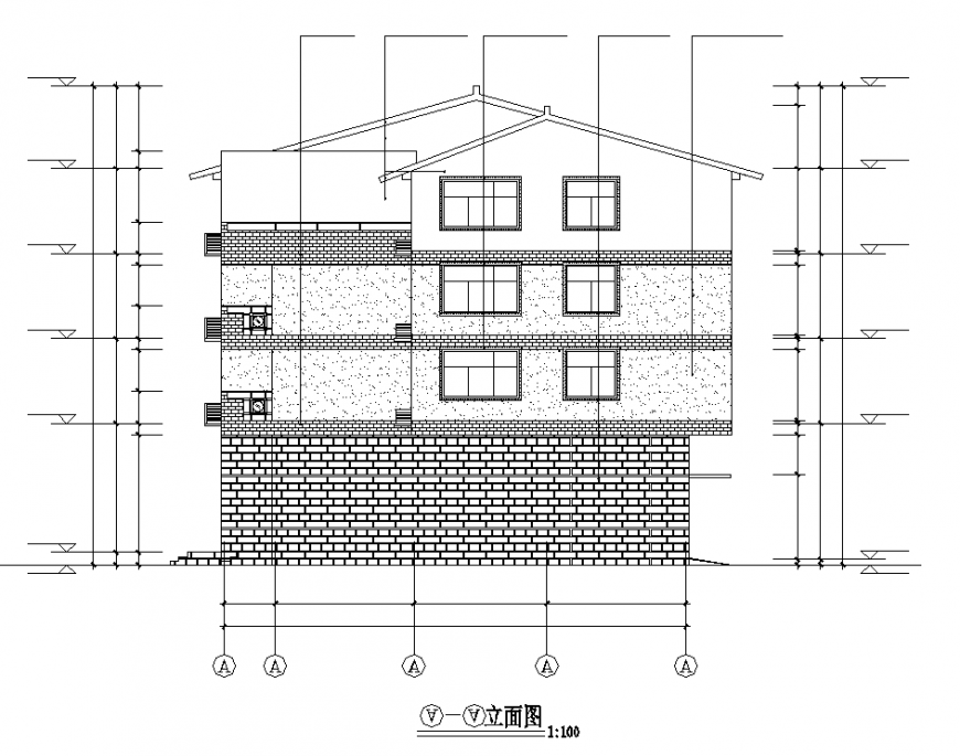 Sloping roof house elevation drawing in dwg file.