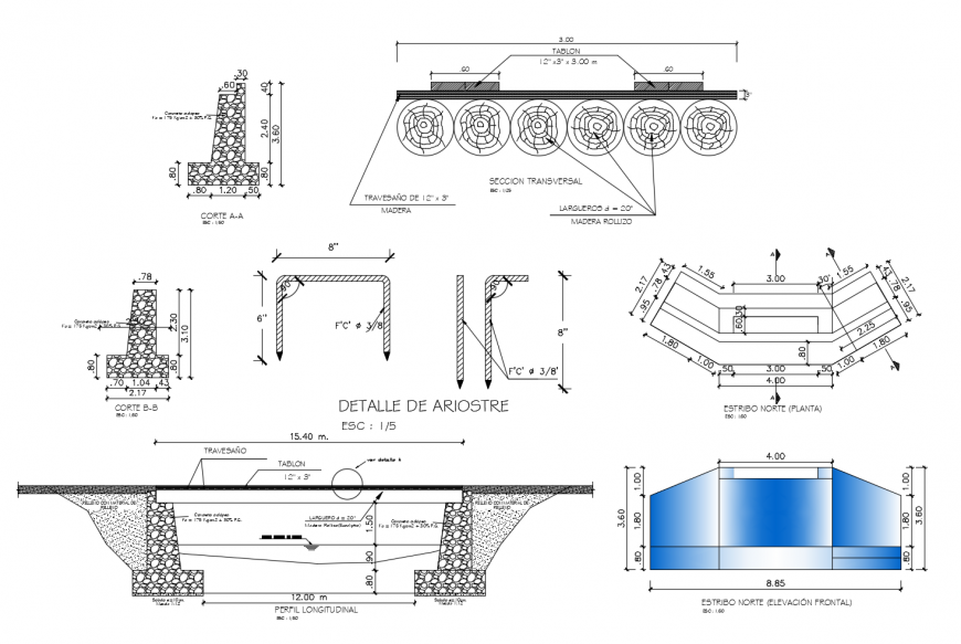 Small bridge section, construction and structure cad drawing details dwg file