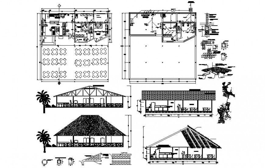 Small cafe building details plan and elevation drawing in autocad