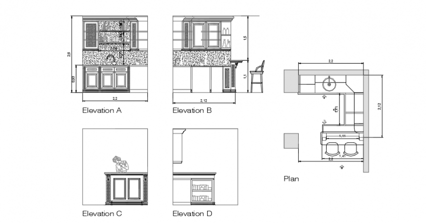 Small cafe sectional elevation  dwg file
