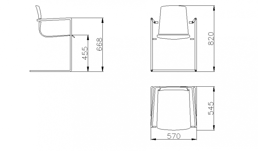 Small chair front, side and top view elevation cad block details dwg file