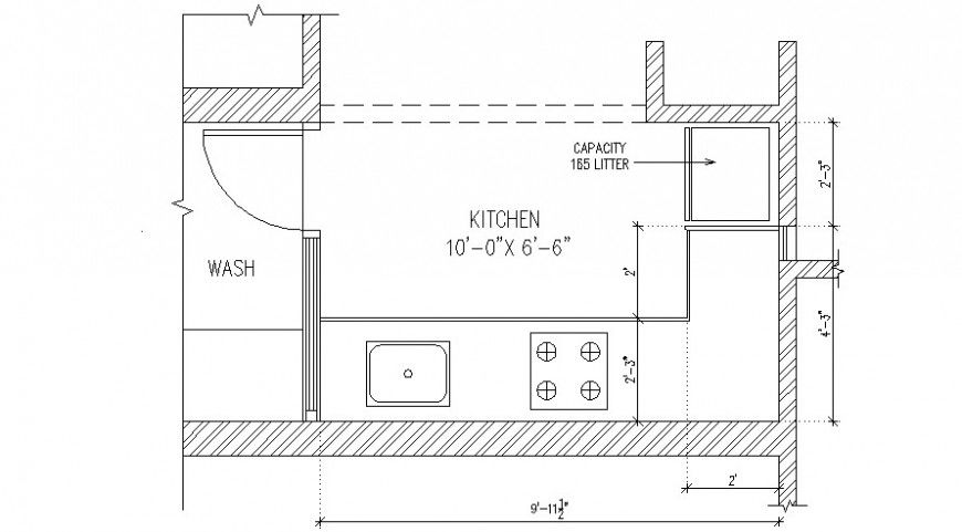 Small common kitchen layout plan cad drawing details dwg file
