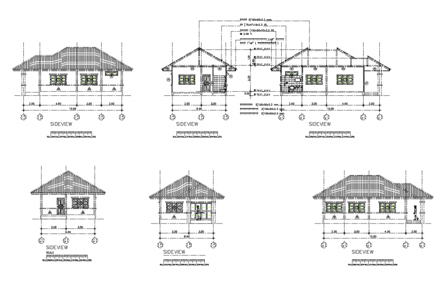 Small cottage house all sided elevation and section drawing details dwg file