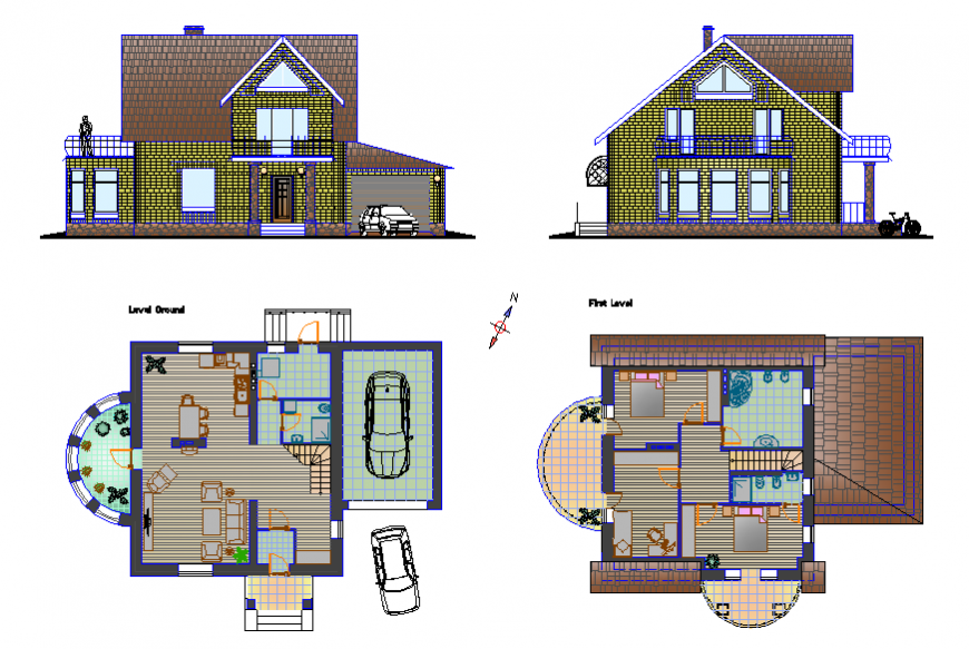 Small family house elevation, ground level and first level floor plan details dwg file