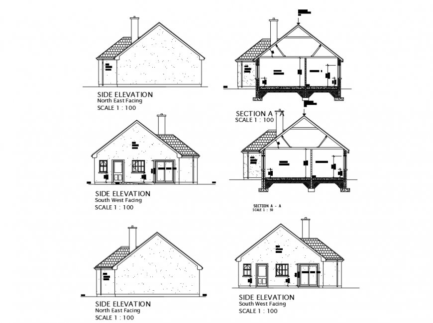 Small family house side elevation and sectional details dwg file