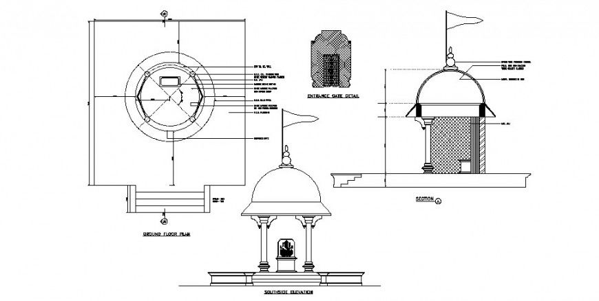 Small ganpati temple elevation, section, plan and auto-cad details dwg file