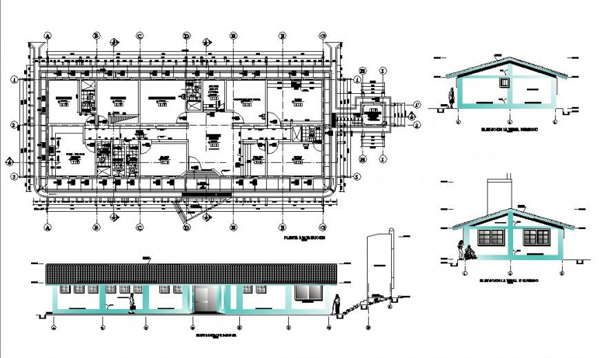 Small hospital unit elevation, section and plan cad drawing details dwg file