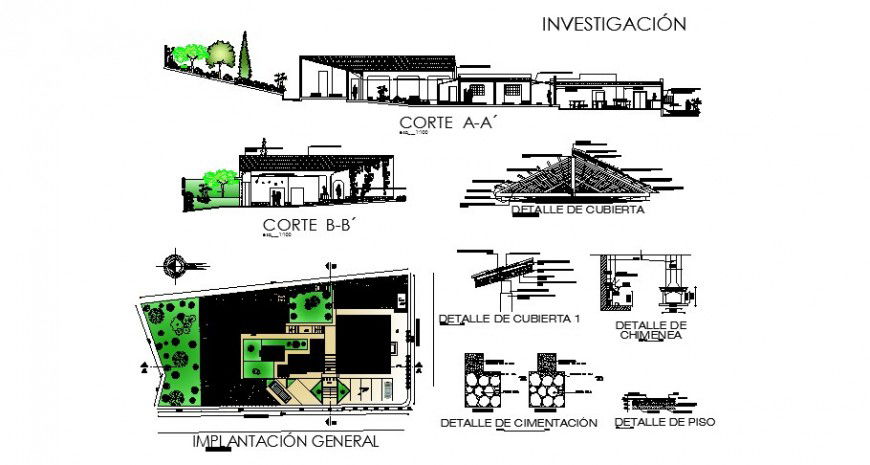 Small hotel elevation, section, distribution plan, foundation and constructive structure details dwg file