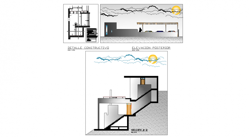 Small hotel sectional elevation detail drawing in dwg AutoCAD file.