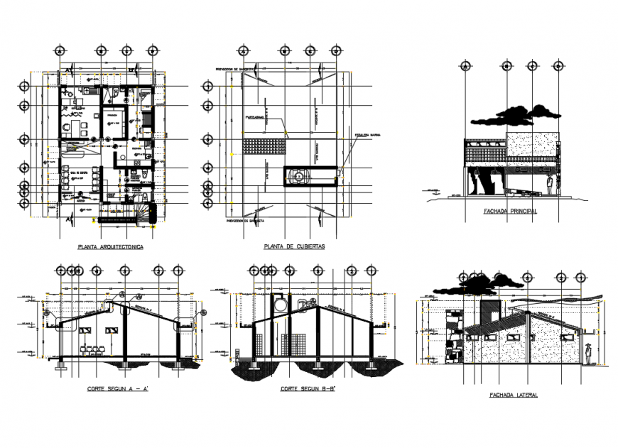 Small house all sided elevation, section and plan cad drawing details dwg file