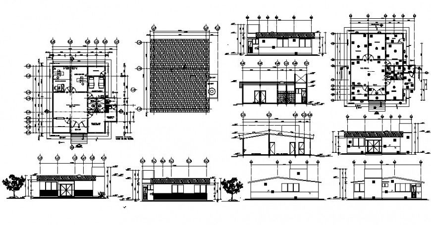 Small house elevation, section, floor plan and structure drawing details dwg file