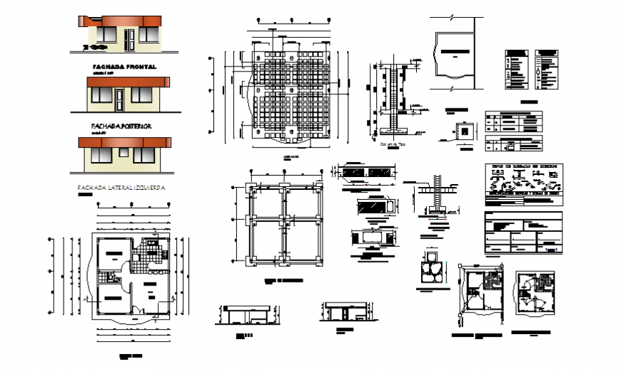 Small house elevation, section, foundation structure and construction details dwg file
