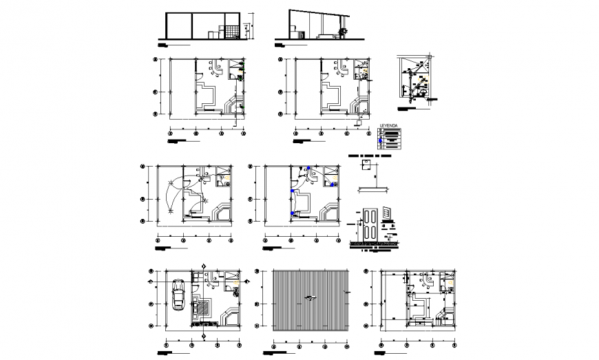 Small house elevation, section, plan and door details dwg file