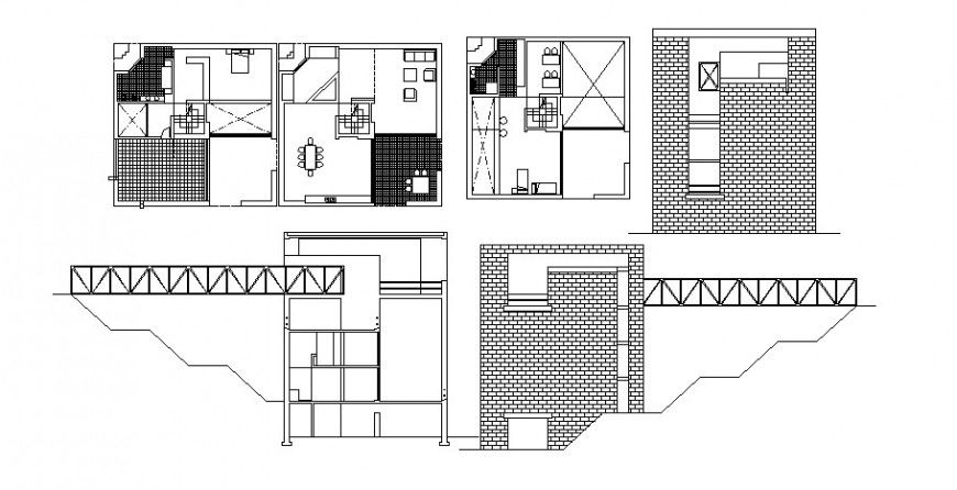 Small house elevation, section and plan cad drawing details dwg file