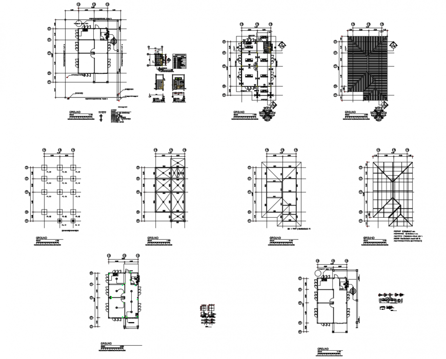 Small house foundation plan, cover plan and structure cad drawing details dwg file