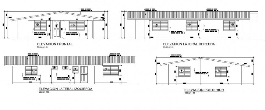 Small house front elevation and all side elevation drawing in dwg file