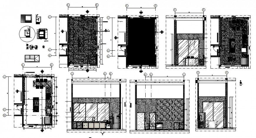 Small house kitchen all sided section, plan and furniture drawing details dwg file