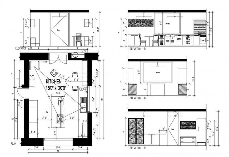 Small house kitchen model elevation, section and plan cad drawing details dwg file