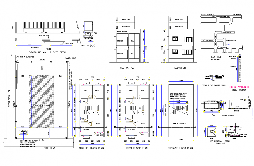 Small house plan, elevation and section detail dwg file