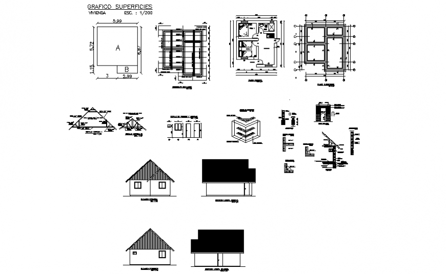 Small house plan, elevation and section detail dwg file