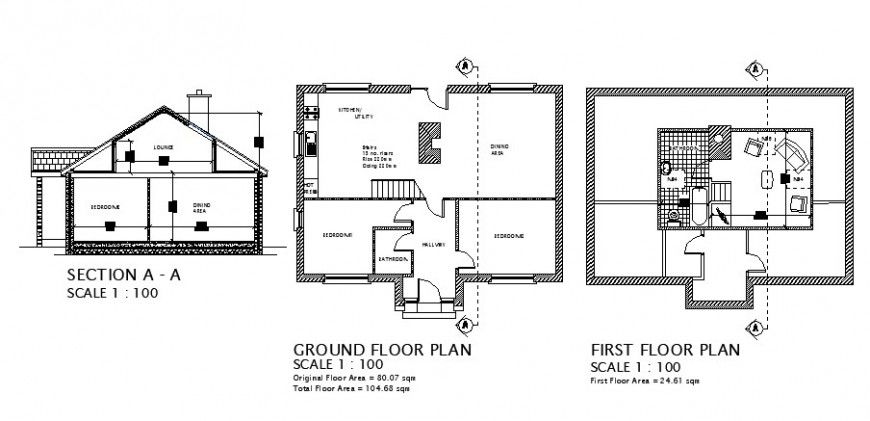Small house section, ground and first floor plan cad drawing details dwg file