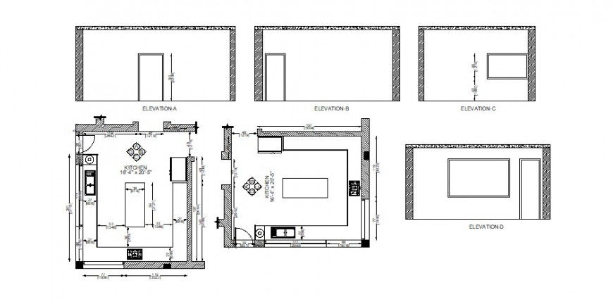 Small kitchen all sided elevation and layout plan cad drawing details dwg file