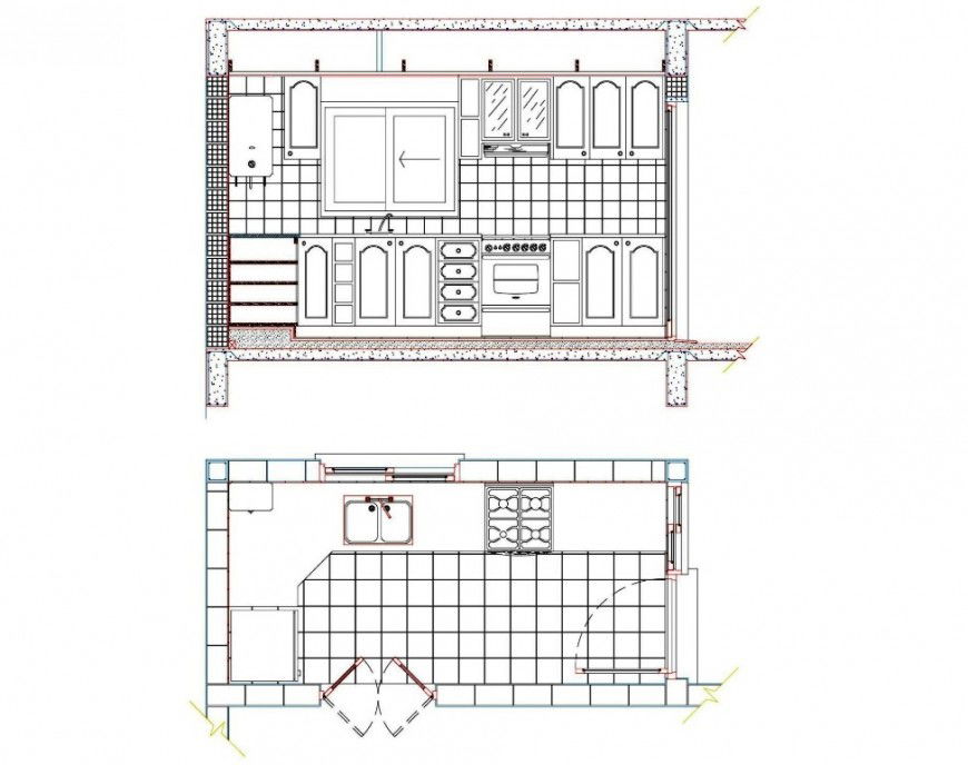 Small kitchen front view section and plan cad drawing details dwg file