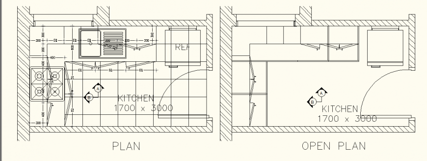 Small kitchen layout plan detail drawing in dwg AutoCAD file.