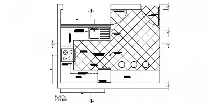 Small kitchen of house layout plan cad drawing details dwg file